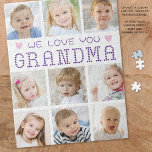 Grandma 9 Photo Collage Hearts Custom Colours Jigsaw Puzzle<br><div class="desc">Create a special activity gift and keepsake for the proud Grandma that showcases her grandchild's or grandchildren and family pictures with a custom, personalized jigsaw puzzle featuring an easy-to-upload photo collage template with 9 pictures and the title WE LOVE YOU GRANDMA spelled out with hearts in your choice of colours...</div>