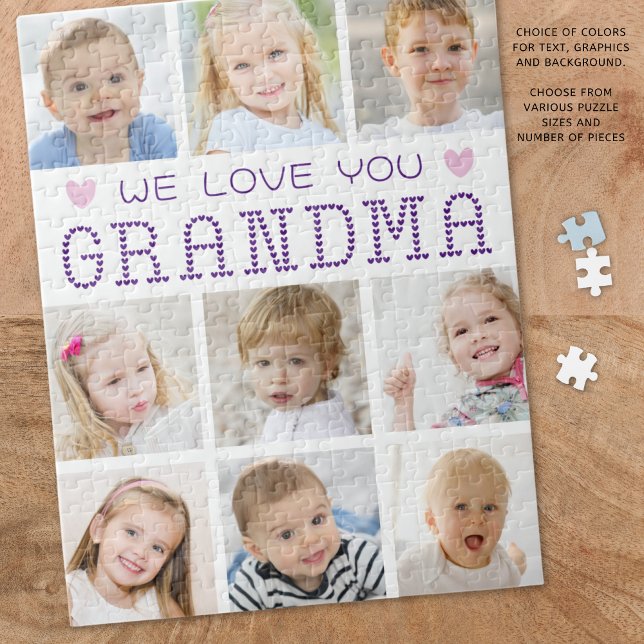 Grandma 9 Photo Collage Hearts Custom Colours Jigsaw Puzzle (Creator Uploaded)