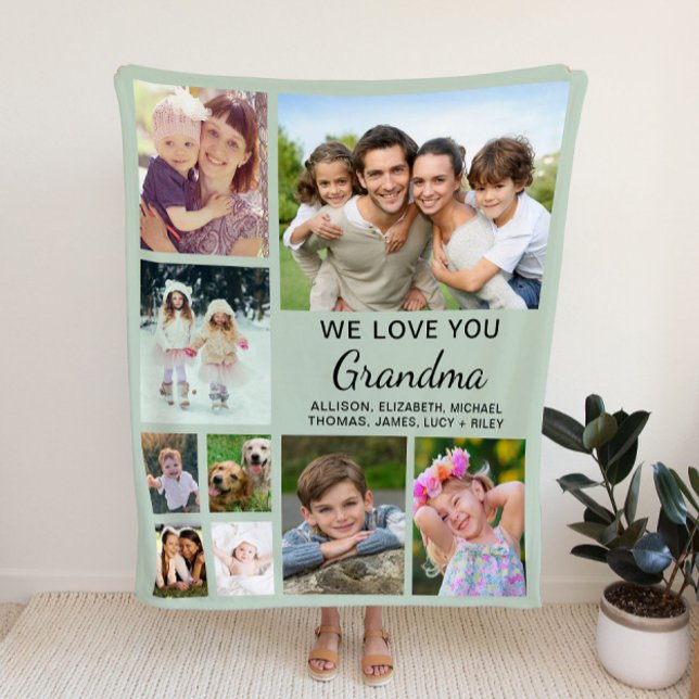Grandma 9 Photo Collage Sage Green Fleece Blanket (Creator Uploaded)