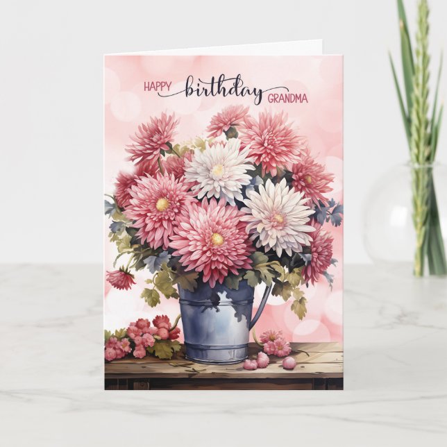 Grandma Birthday Pink Chrysanthemums Card (Front)