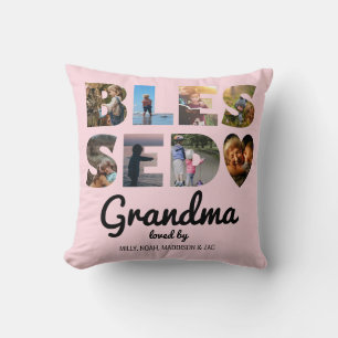 Grandma Blessed Photo Collage Personalized Pink Throw Pillow