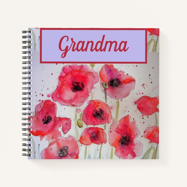Grandma Book Poppy Red Flower Watercolour Art (Front)