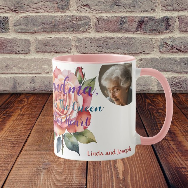 Grandma cadeau 3 photo aquarelle florale café Mug (Grandma is the queen in our heart)