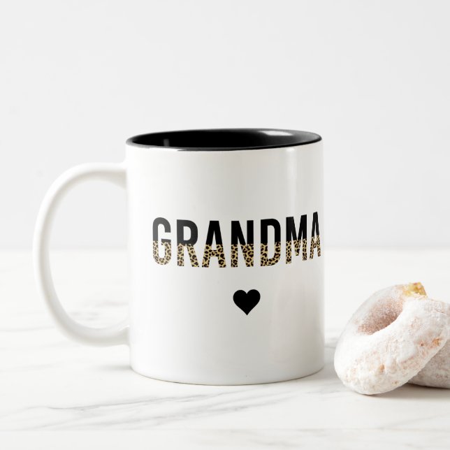 Grandma Cheetah Leopard Print Grandmother Gift Two-Tone Coffee Mug (With Donut)