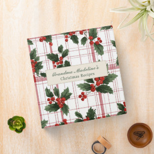 Grandma Christmas Recipe Holly Plaid Script Name Binder