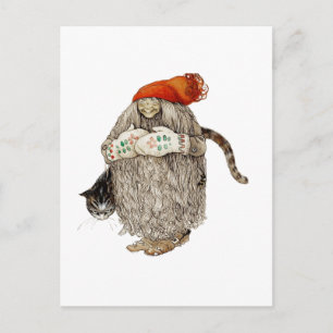 Grandma Christmas Tomten with Grey Cat Holiday Postcard
