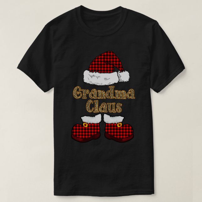Grandma Claus Buffalo Plaid Santa Hat Leopard Prin T-Shirt (Design Front)