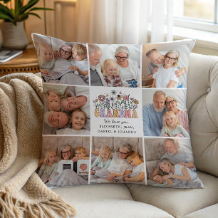 Grandma Cute Retro Whimsical Flowers Photo Collage Throw Pillow