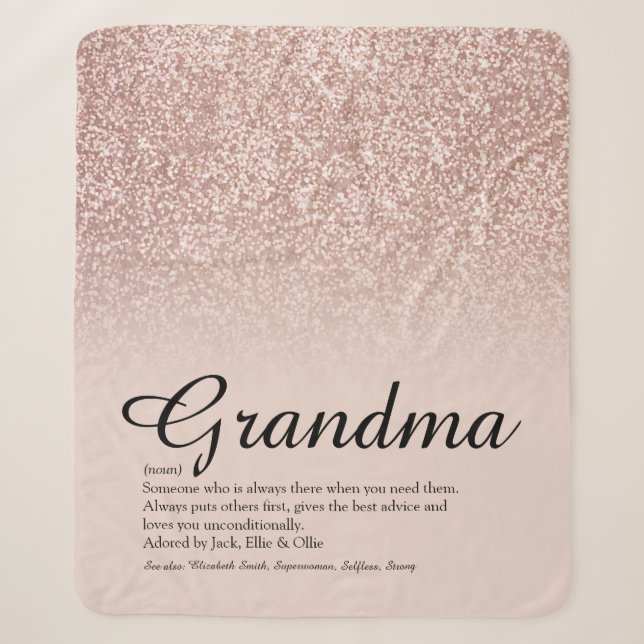 Grandma Definition Script Rose Gold Glitter Sherpa Blanket (Front)