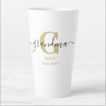 Grandma Elegant Script Monogram Golden Ochre Latte Mug<br><div class="desc">Latte mug for a new grandma or long established gran, which you can personalize with the date they became a grandmother. This trendy minimalist design has a subtle colour palette of golden ochre, black and white. It has a Grandma monogram, with the initial letter G and the name grandma, lettered...</div>