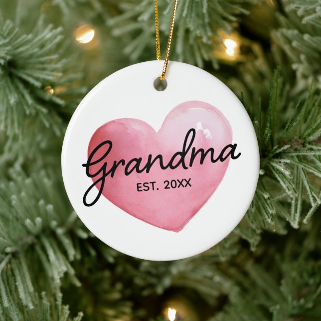 Grandma Est Date Watercolor Heart Christmas Ceramic Ornament (Tree)