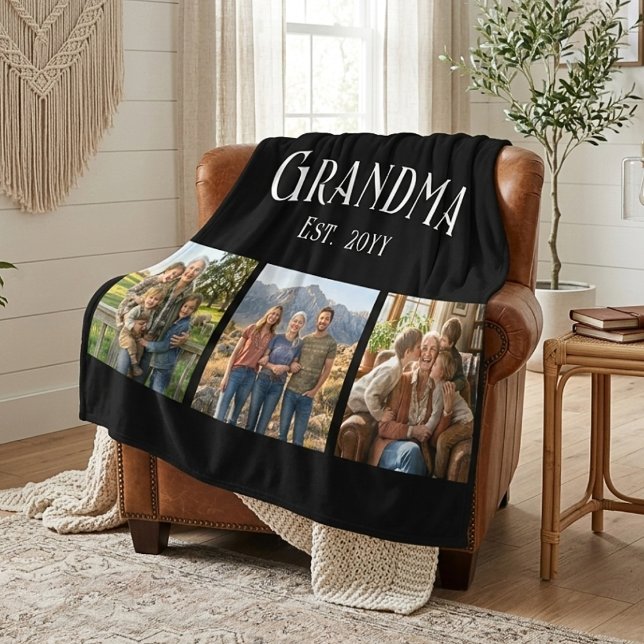 Grandma Est. Established Year Custom Name 3 Photo Fleece Blanket (Creator Uploaded)