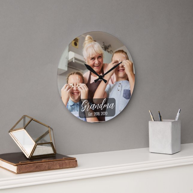 Grandma Est. White script photo Large Clock (Office)