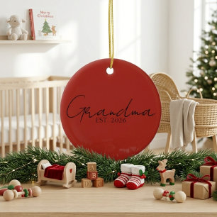 Grandma Est Year Elegant Script Red Design Ceramic Ornament