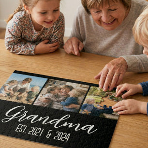 Grandma Established Black 3 Photo White Script Jigsaw Puzzle