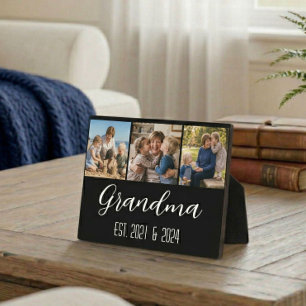 Grandma Established Black 3 Photo White Script Tot Plaque