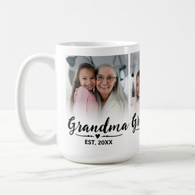Grandma Established Black Cute Script 3 Photo Coffee Mug (Left)
