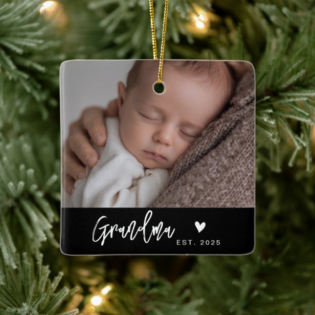 Grandma Established Black Modern Script Photo Ceramic Ornament (Tree)