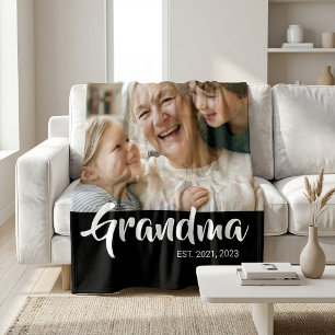Grandma Established Black Modern Script Photo Fleece Blanket