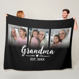 Grandma Established Black Script 3 Photo Fleece Blanket