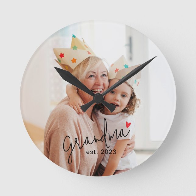 Grandma Established Black Script Photo Round Clock (Front)