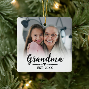 Grandma Established Black White Script Photo Ceramic Ornament