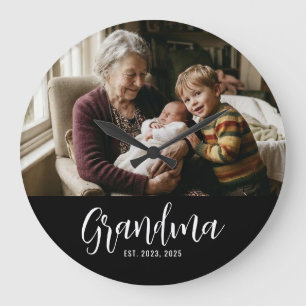 Grandma Established Black White Script Photo Large Clock