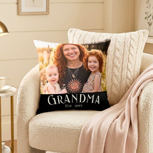 Grandma Established Custom Name Year Photo Black Throw Pillow