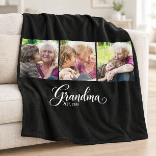 Grandma Established Elegant Black Script 3 Photo  Fleece Blanket