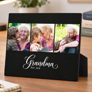 Grandma Established Elegant Black Script 3 Photo Plaque