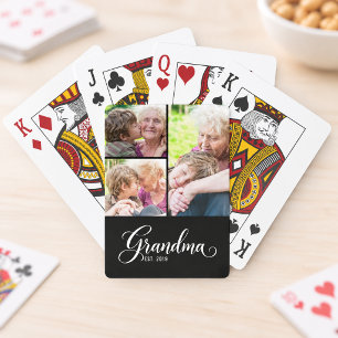 Grandma Established Elegant Black Script 3 Photo Playing Cards
