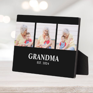 Grandma Established Elegant Bold Black 3 Photo Plaque