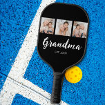 Grandma Established Elegant Script 3 Photo Black Pickleball Paddle<br><div class="desc">Grandma Established Script 3 Photo Modern Pickleball Paddle. To customize,  replace the photos and change the year.</div>