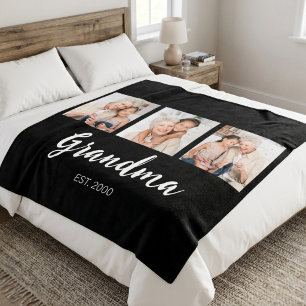 Grandma Established Elegant Script Black 3 Photo Fleece Blanket