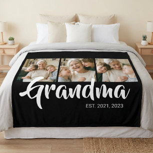 Grandma Established Elegant Script Black 3 Photo Fleece Blanket