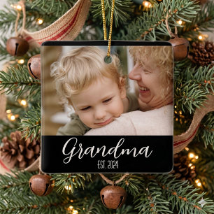 Grandma Established Minimalist White Script Text Ceramic Ornament