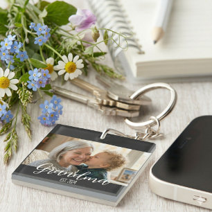 Grandma Established Minimalist White Script Text Keychain