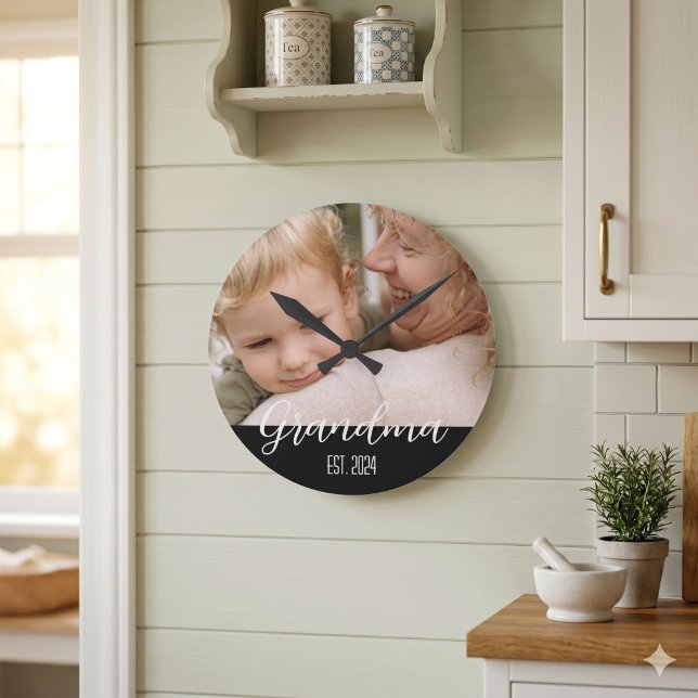 Grandma Established Minimalist White Script Text Round Clock (Creator Uploaded)