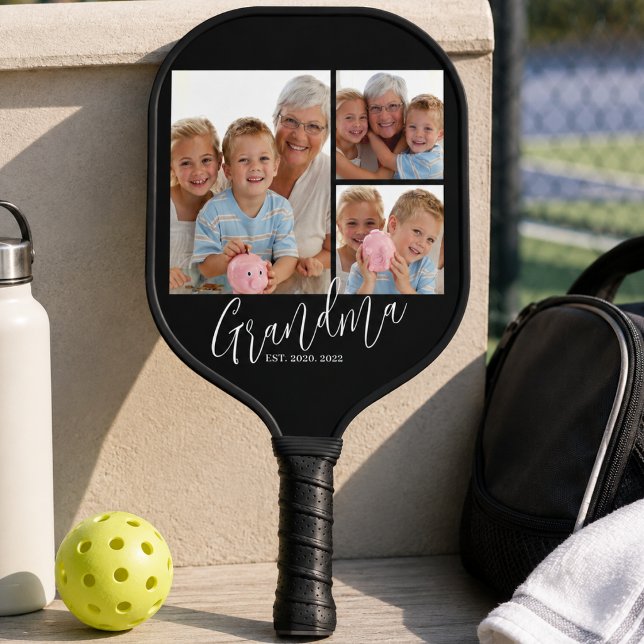 Grandma Established Modern Fun Script 3 Photo Pickleball Paddle (grandma est for her nana black and white first time year established grandma fun modern saying photo)