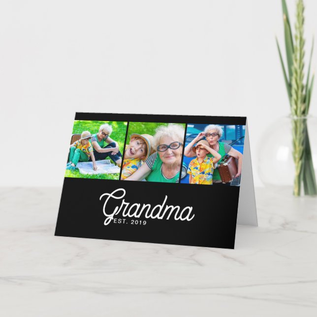 Grandma Established Modern Script 3 Photo Greeting Card (Front)