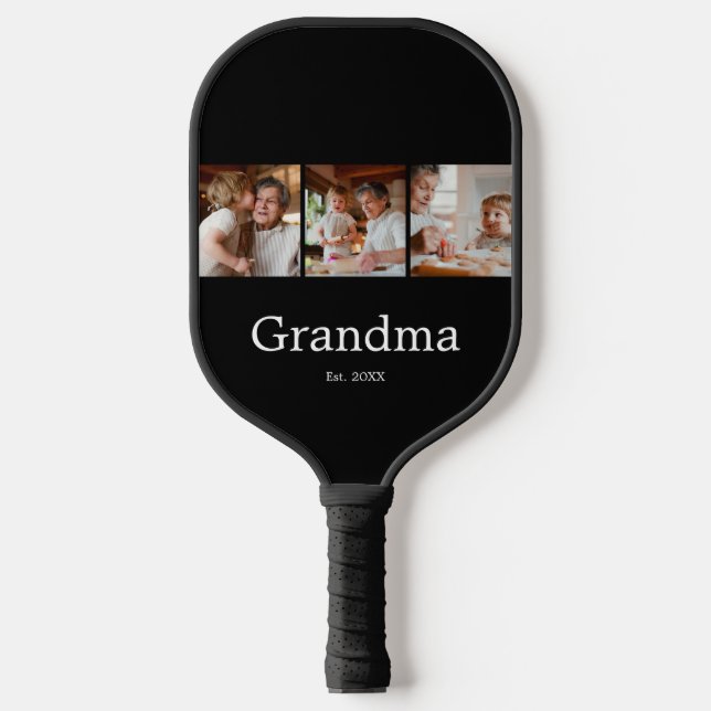Grandma Established Modern Script 3 Photo Pickleball Paddle (Front)