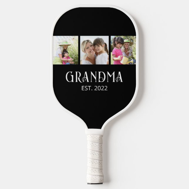 Grandma Established Modern Script 3 Photo Pickleball Paddle (Front)