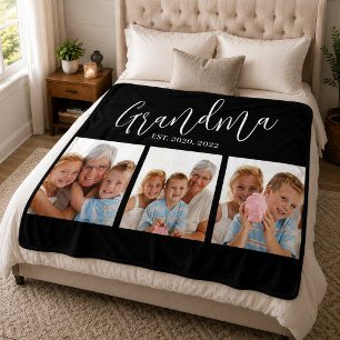 Grandma Established Modern Script Black 3 Photo Fleece Blanket