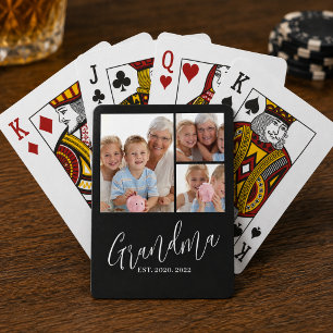 Grandma Established Modern Script Black 3 Photo Playing Cards