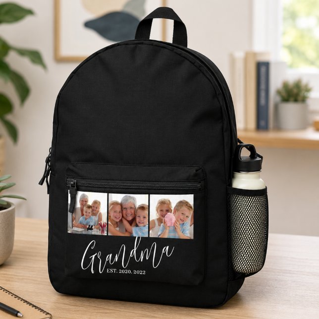 Grandma Established Modern Script Black 3 Photo Printed Backpack (Creator Uploaded)