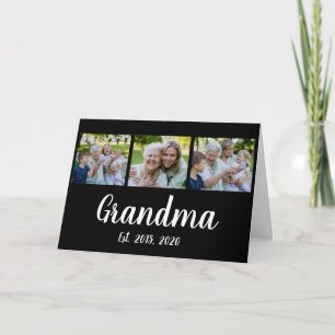 Grandma Established Modern Script Black 3 Photo Thank You Card