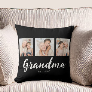 Grandma Established Modern Script Black 3 Photo Throw Pillow
