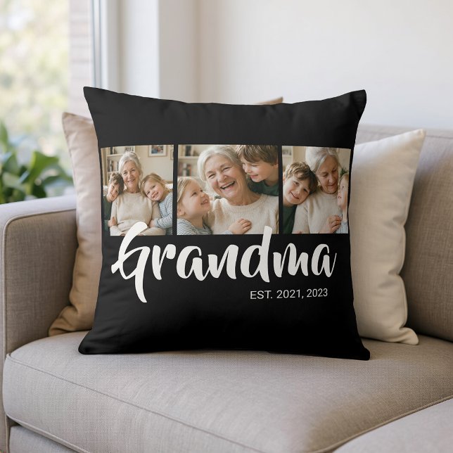 Grandma Established Modern Script Black 3 Photo Throw Pillow (Grandma Established Modern Script Black 3 Photo Throw Pillow)