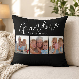 Grandma Established Modern Script Black 3 Photo Throw Pillow