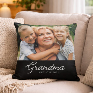 Grandma Established Modern Script Photo Throw Pillow